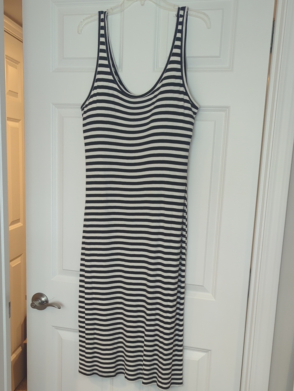 Striped Black and White Sleeveless Midi Dress - Classic Scoop Neck